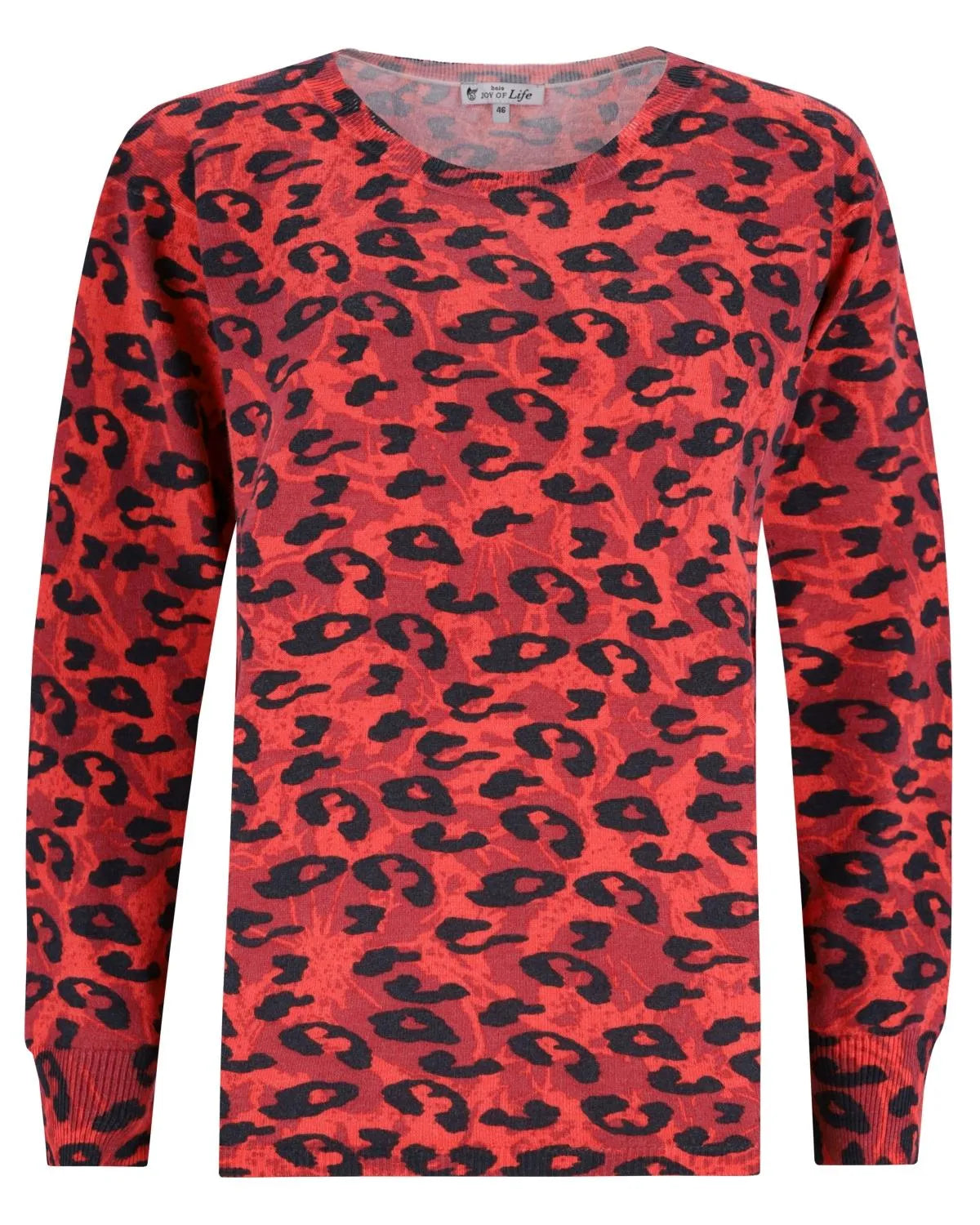 Roter Pullover mit Leopardenmuster und gerippten Bündchen an Ärmeln und Saum, wahrscheinlich aus einem Baumwoll- oder Polyestergemisch.