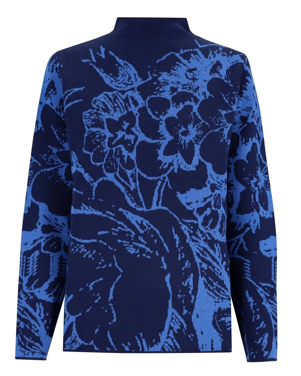 Marineblauer Pullover mit Blumendruck, hohem Kragen und langen Ärmeln.