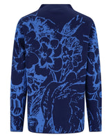 Blaue, floral gemusterte Jacke mit hohem Kragen und langen Ärmeln.