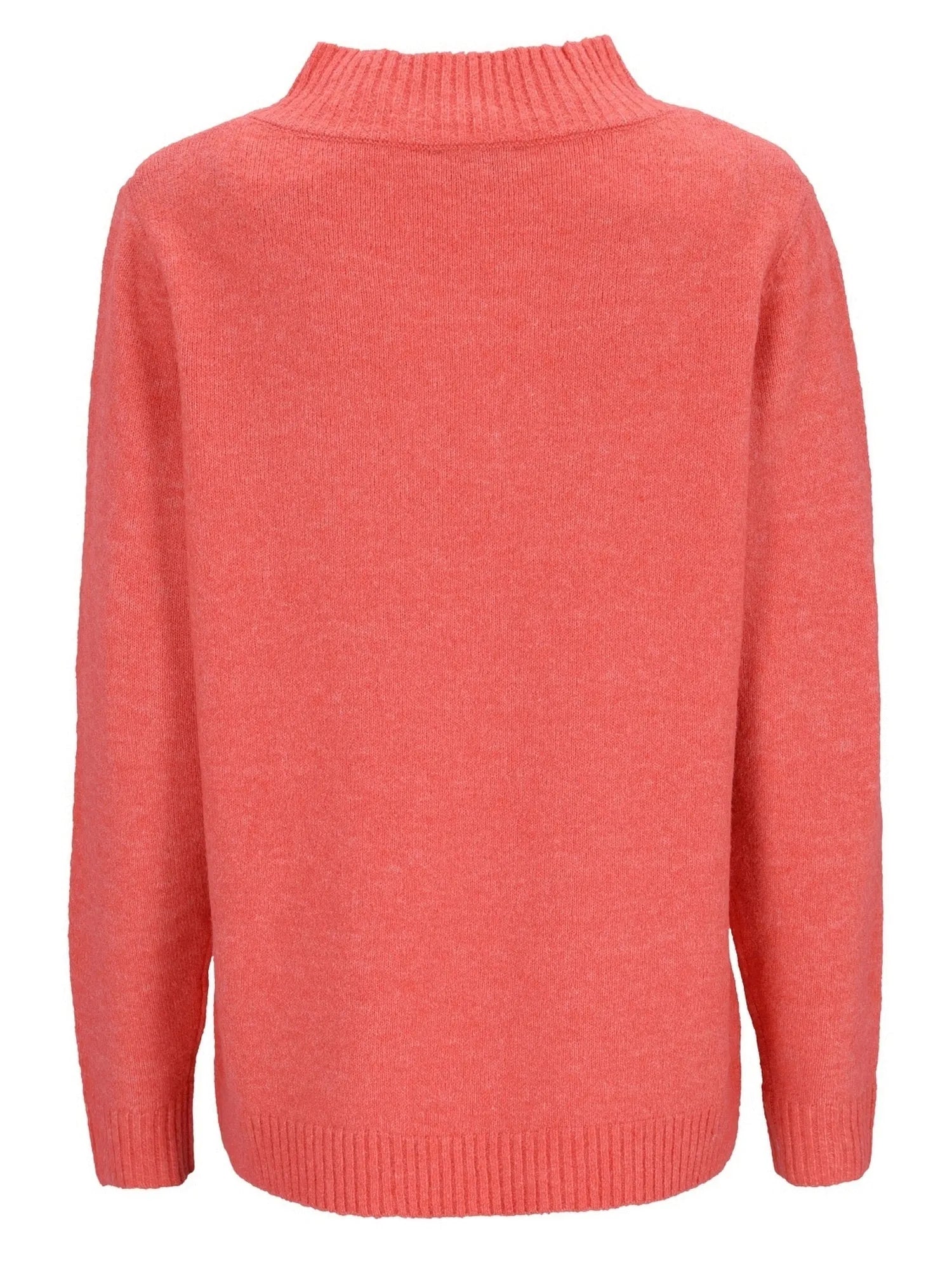 Korallenfarbener Rollkragenpullover mit geripptem Strickmuster und langen Ärmeln.