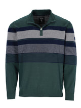 Grüner und marineblauer gestreifter Viertelreißverschluss-Pullover mit gerippten Manschetten und Kragen, wahrscheinlich aus Baumwolle oder einem ähnlichen weichen Material gefertigt.