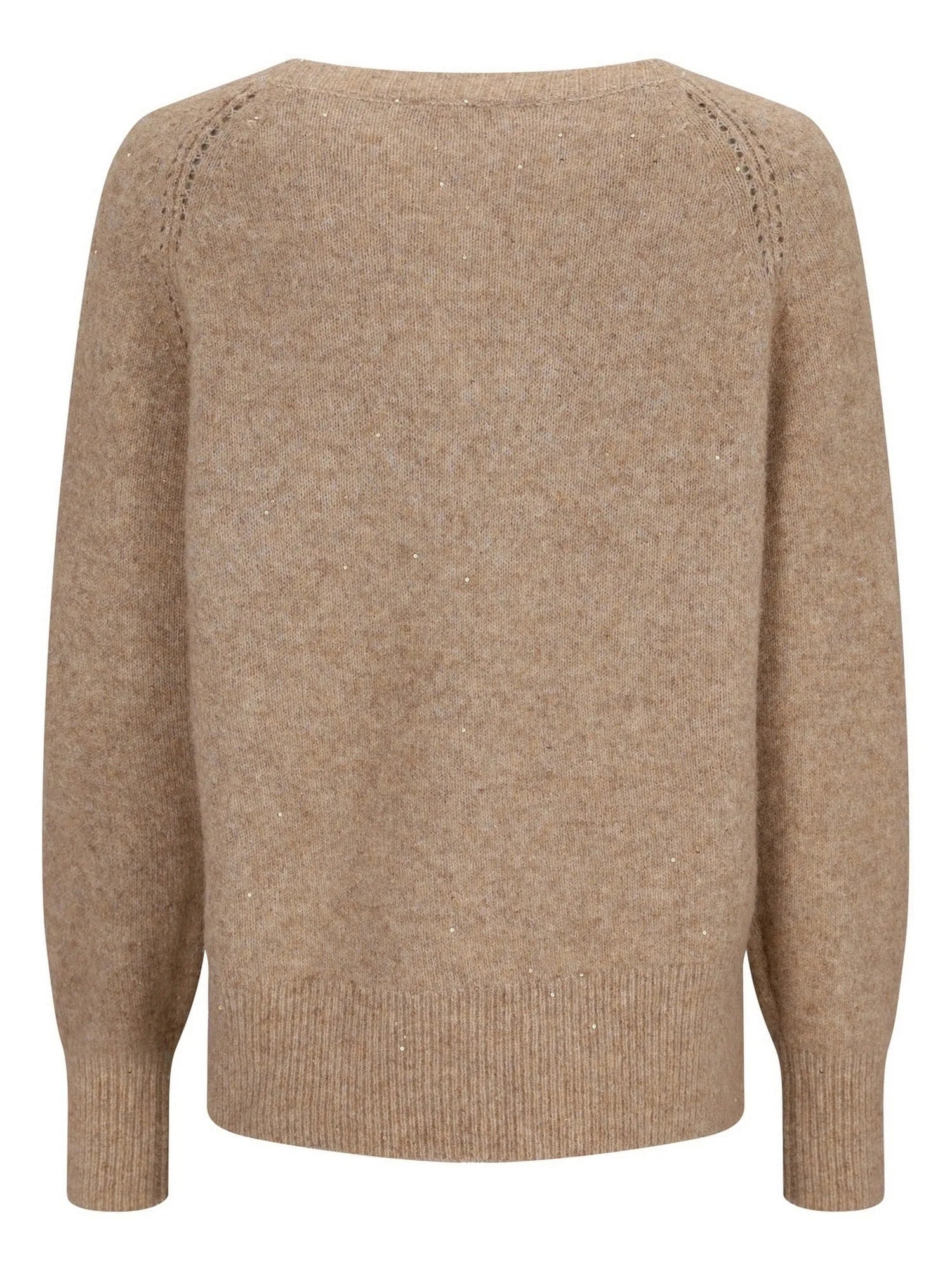 Beiger Kaschmirpullover mit gerippten Bündchen und Saum, mit subtiler Textur.