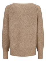 Beiger Kaschmirpullover mit gerippten Bündchen und Saum, mit subtiler Textur.