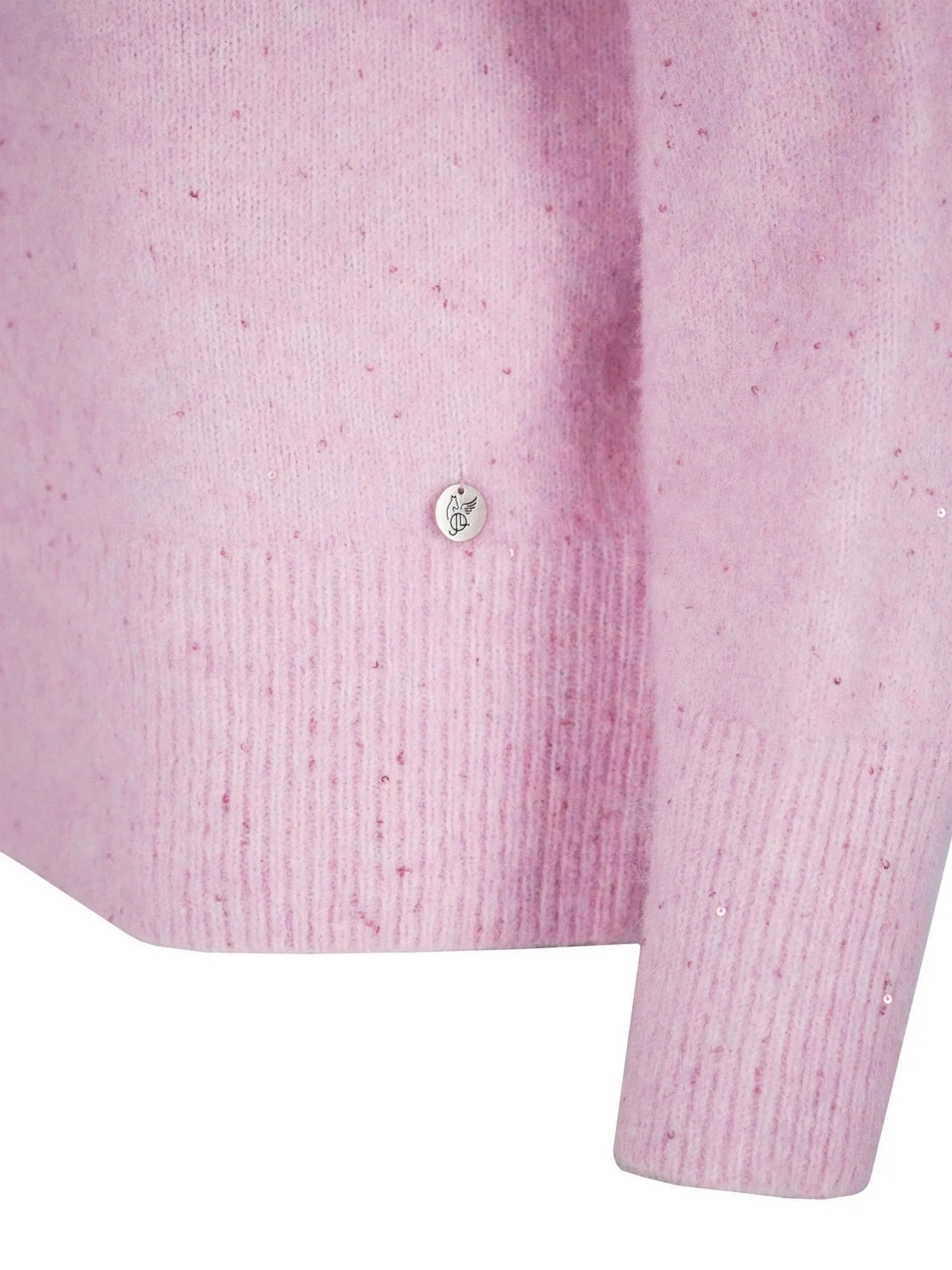 Hellrosa gesprenkelter Pullover mit gerippten Manschetten und Kragen, wahrscheinlich aus Baumwolle oder Wollmischung.
