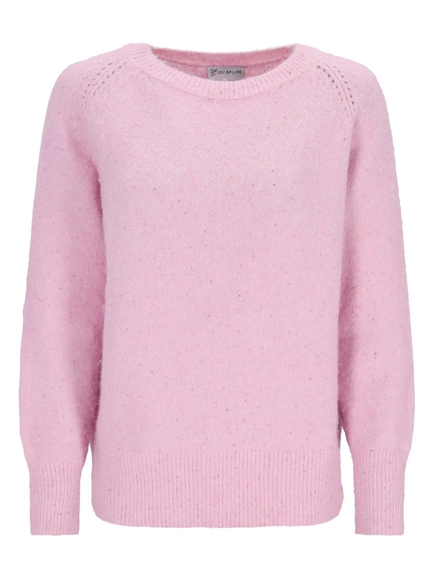 Hellrosa Pullover mit geripptem Strick und Lochmuster-Details an den Schultern.