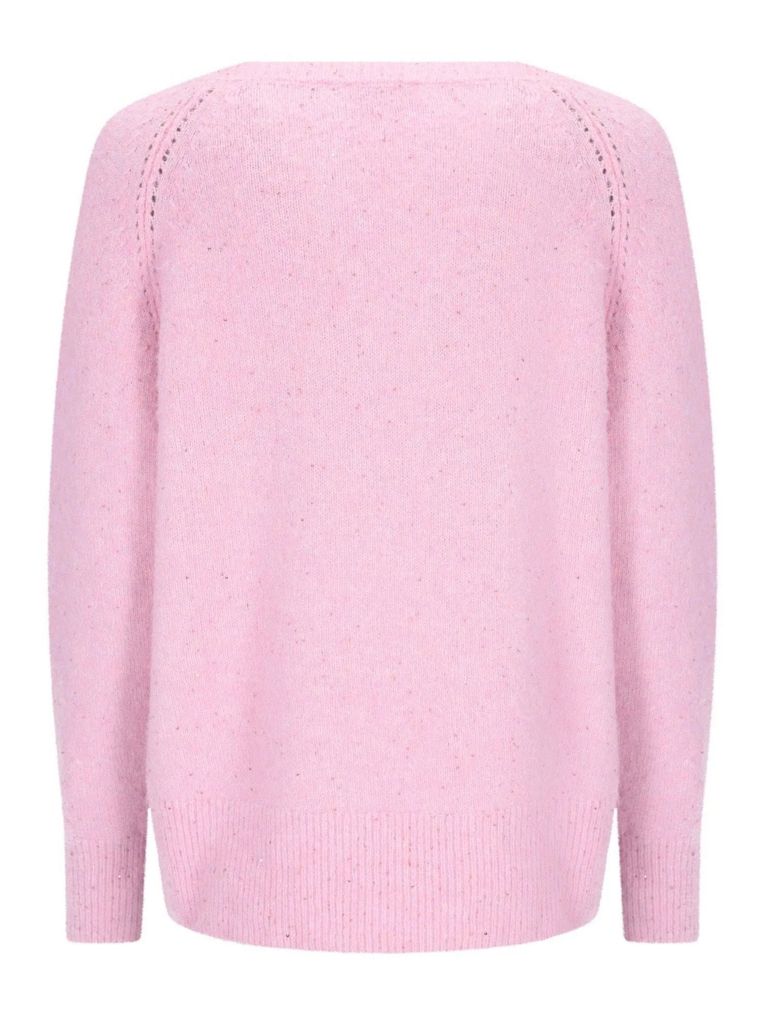 Hellrosa Pullover mit Lochmuster-Details und gerippten Manschetten, wahrscheinlich aus Baumwolle oder einem ähnlich weichen Material gefertigt.