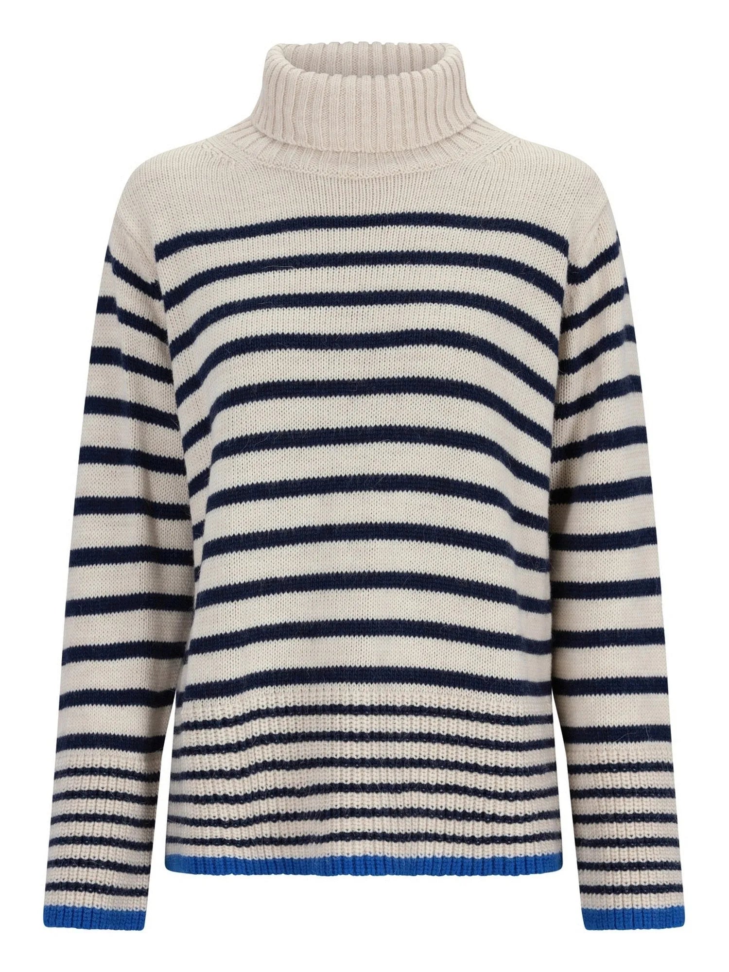 Gestreifter Rollkragenpullover mit Marine- und Cremestreifen, gerippte Bündchen und Saum.