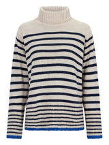 Gestreifter Rollkragenpullover mit Marine- und Cremestreifen, gerippte Bündchen und Saum.