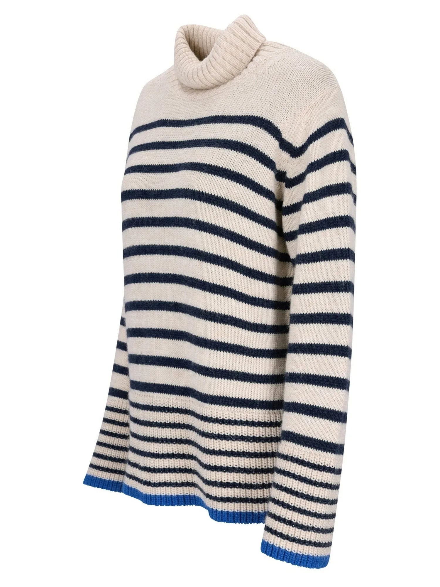 Gestreifter Rollkragenpullover mit Marine- und Cremefarbenen Streifen, aus weicher Wolle gefertigt.