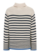 Streifen-Turtleneck-Pullover in Creme und Marine mit blauem Besatz, wahrscheinlich aus Wolle oder Baumwollmischung.