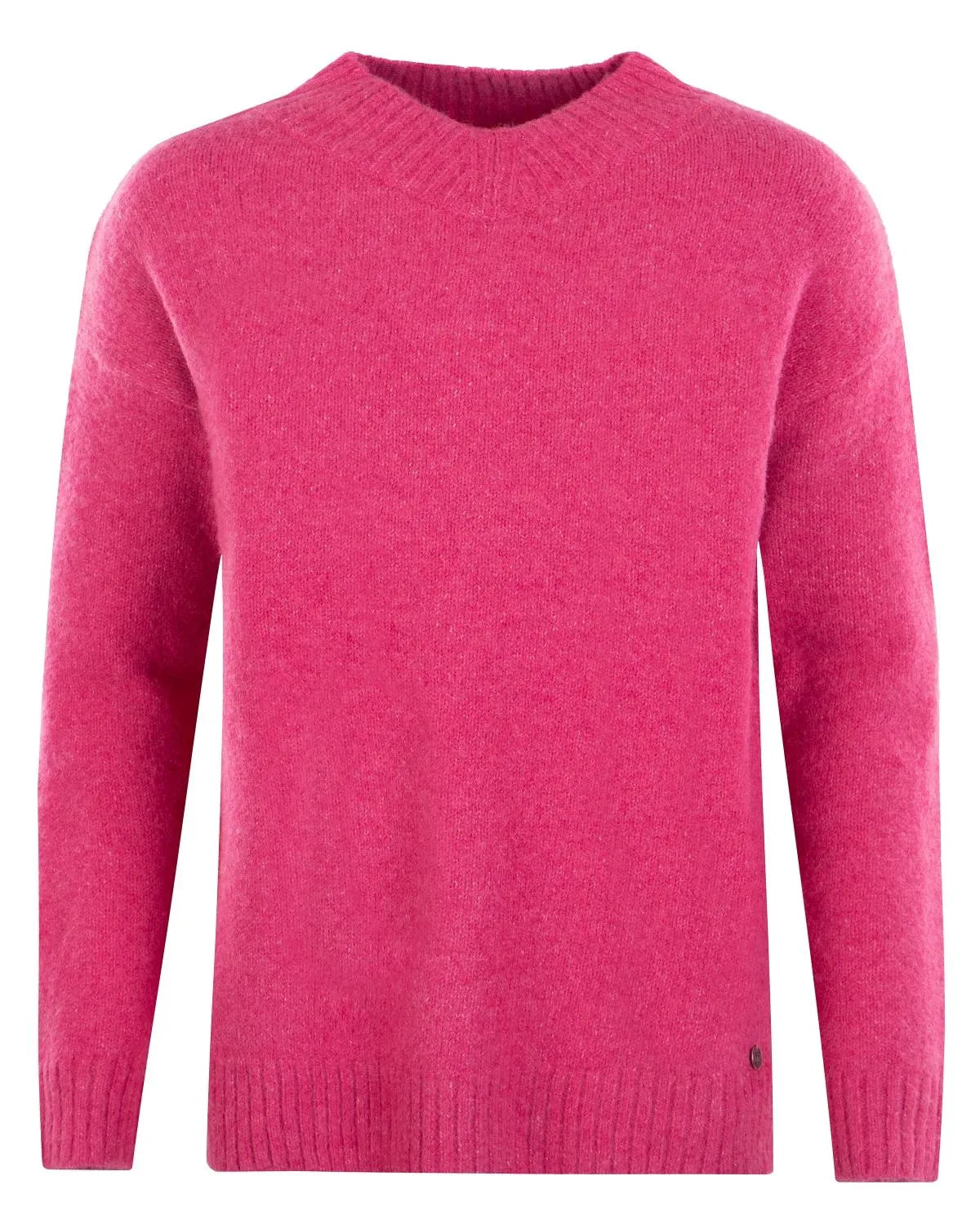 Rosafarbener Zopfstrickpullover mit gerippten Bündchen und Saum, mit einem kleinen gestickten Logo auf der linken Brust.