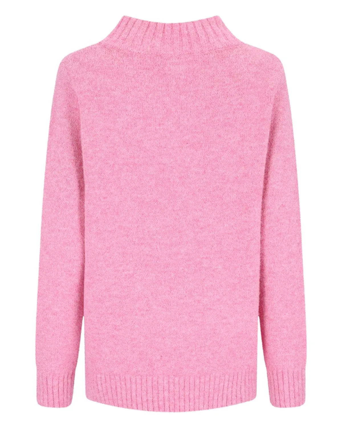 Rosa strukturierter Pullover mit Rippenbündchen und Kragen, wahrscheinlich aus Wolle oder Acryl.