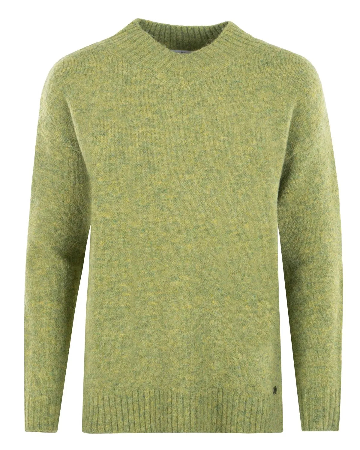 Olivgrüner Pullover mit gerippten Bündchen und Saum, aus Wolle.