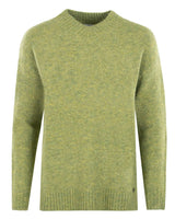Olivgrüner Pullover mit gerippten Bündchen und Saum, aus Wolle.