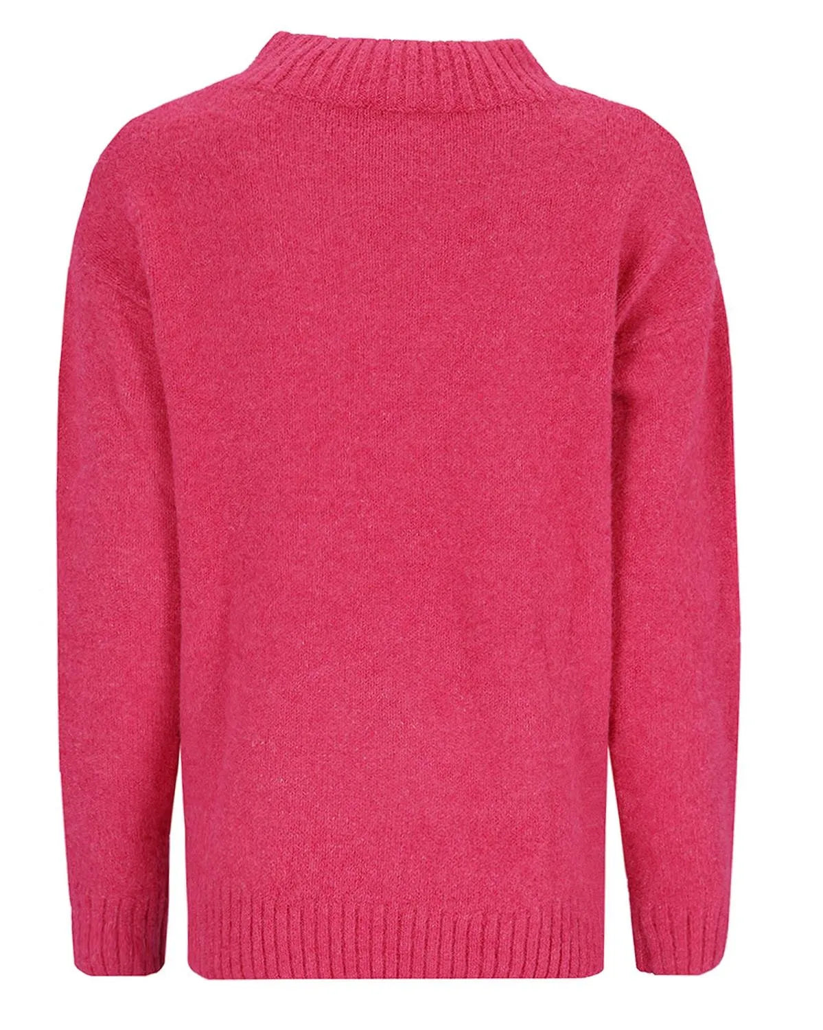 Rosa strukturierter Pullover mit Rippenbündchen und Kragen, wahrscheinlich aus Wolle oder Acryl.