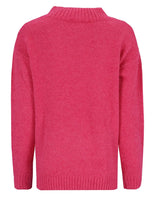 Rosa strukturierter Pullover mit Rippenbündchen und Kragen, wahrscheinlich aus Wolle oder Acryl.