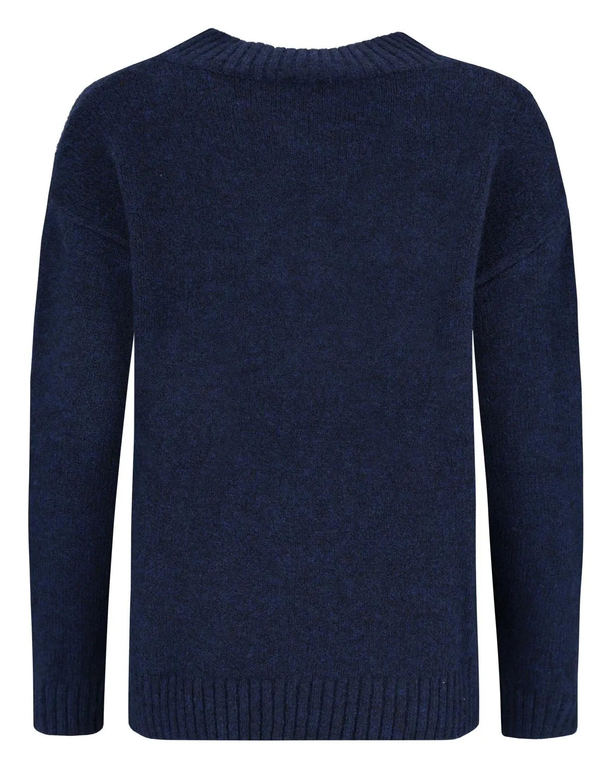 Marineblauer Pullover mit Rundhalsausschnitt und gerippten Bündchen und Saum, wahrscheinlich aus Baumwolle oder einem ähnlichen weichen Material.