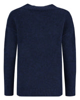 Marineblauer Pullover mit Rundhalsausschnitt und gerippten Bündchen und Saum, wahrscheinlich aus Baumwolle oder einem ähnlichen weichen Material.