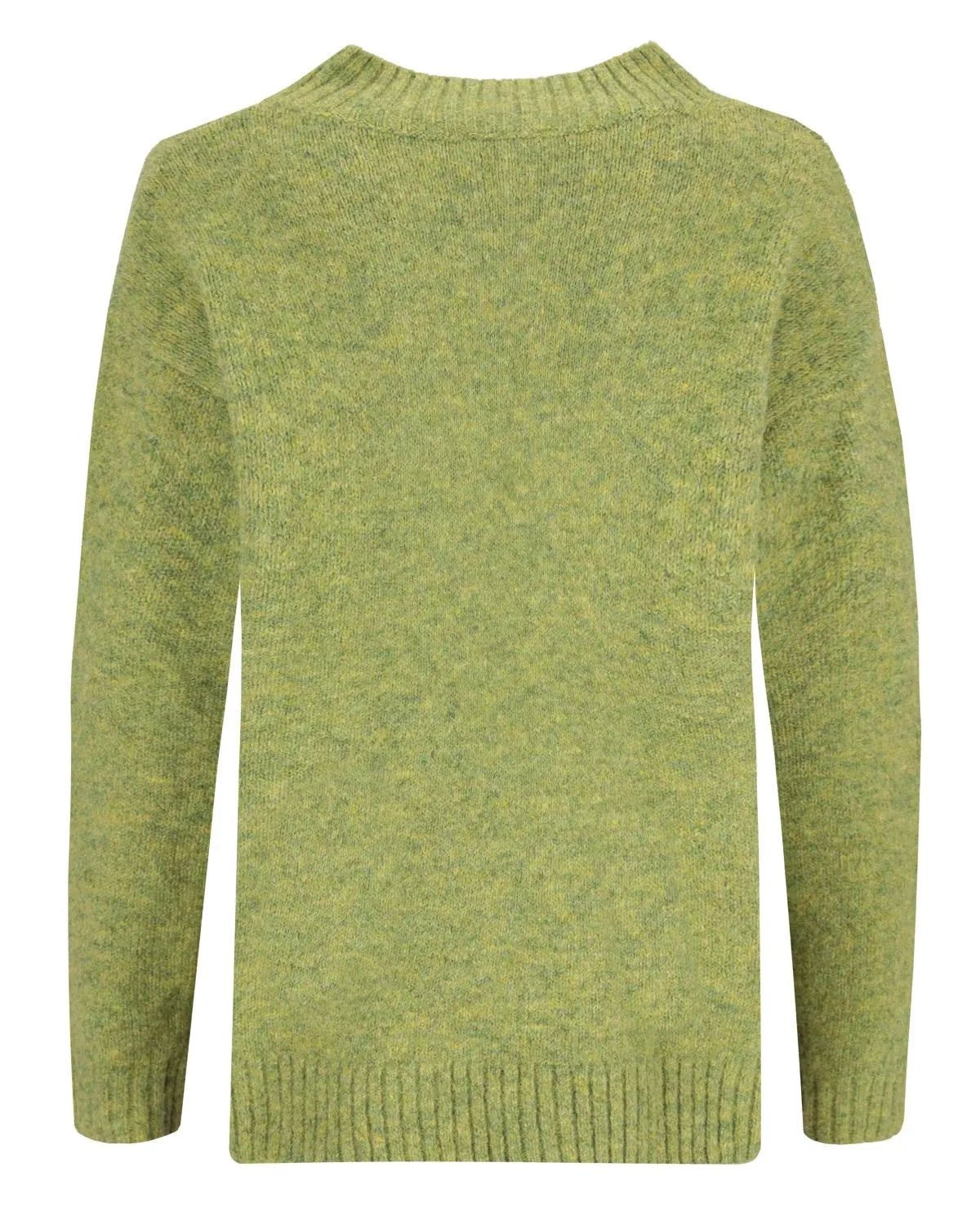 Olivgrüner strukturierter Pullover mit gerippten Bündchen und Saum, wahrscheinlich aus Wolle oder Acryl.