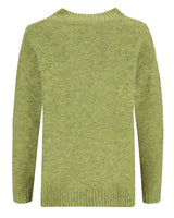 Olivgrüner strukturierter Pullover mit gerippten Bündchen und Saum, wahrscheinlich aus Wolle oder Acryl.