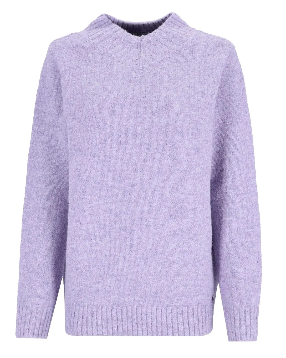 Lavendelfarbener Pullover mit dezentem Muster und gerippten Bündchen, Kragen und Saum.