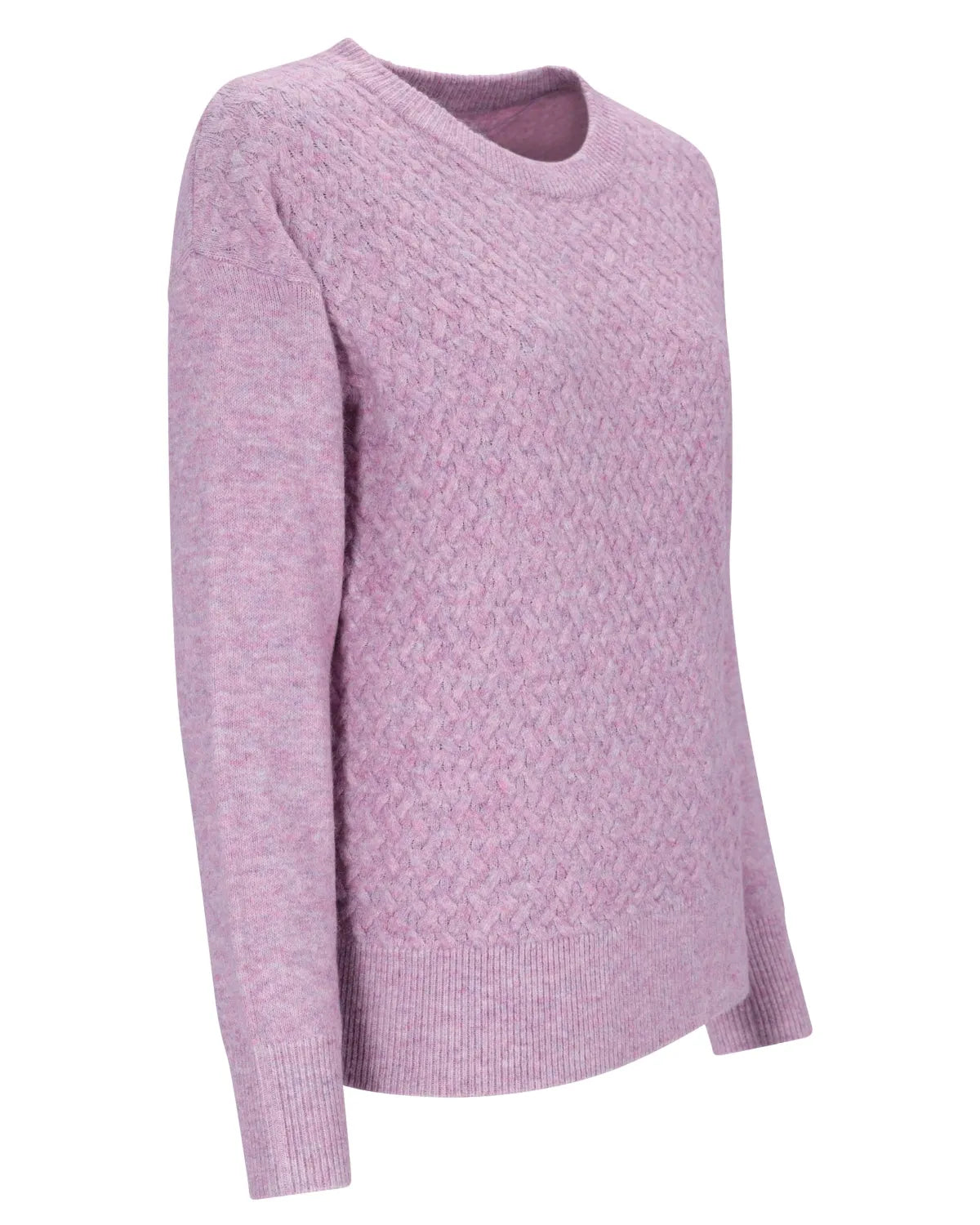 Lavendelfarbener Pullover mit strukturiertem Strickmuster und Rippenbündchen.