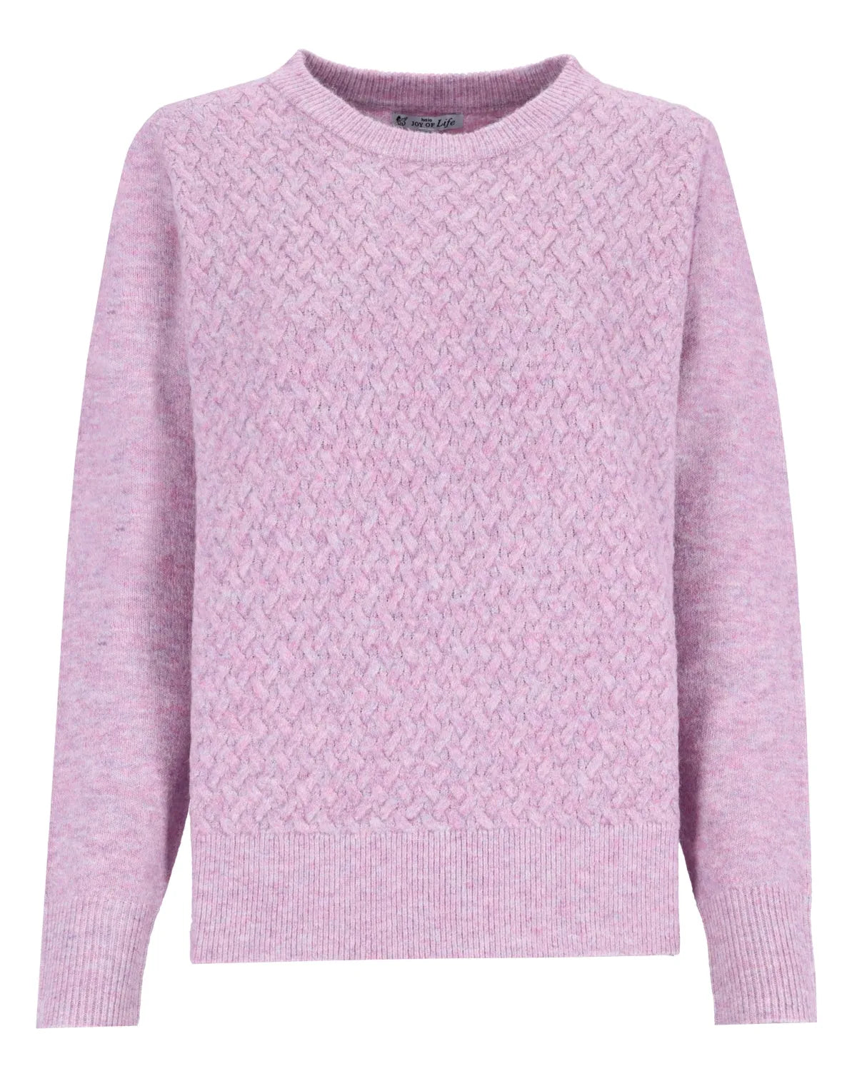 Lavendelfarbener Spitzenpullover mit gerippten Bündchen und Saum, wahrscheinlich aus Wolle oder Baumwollmischung.