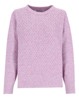 Lavendelfarbener Spitzenpullover mit gerippten Bündchen und Saum, wahrscheinlich aus Wolle oder Baumwollmischung.