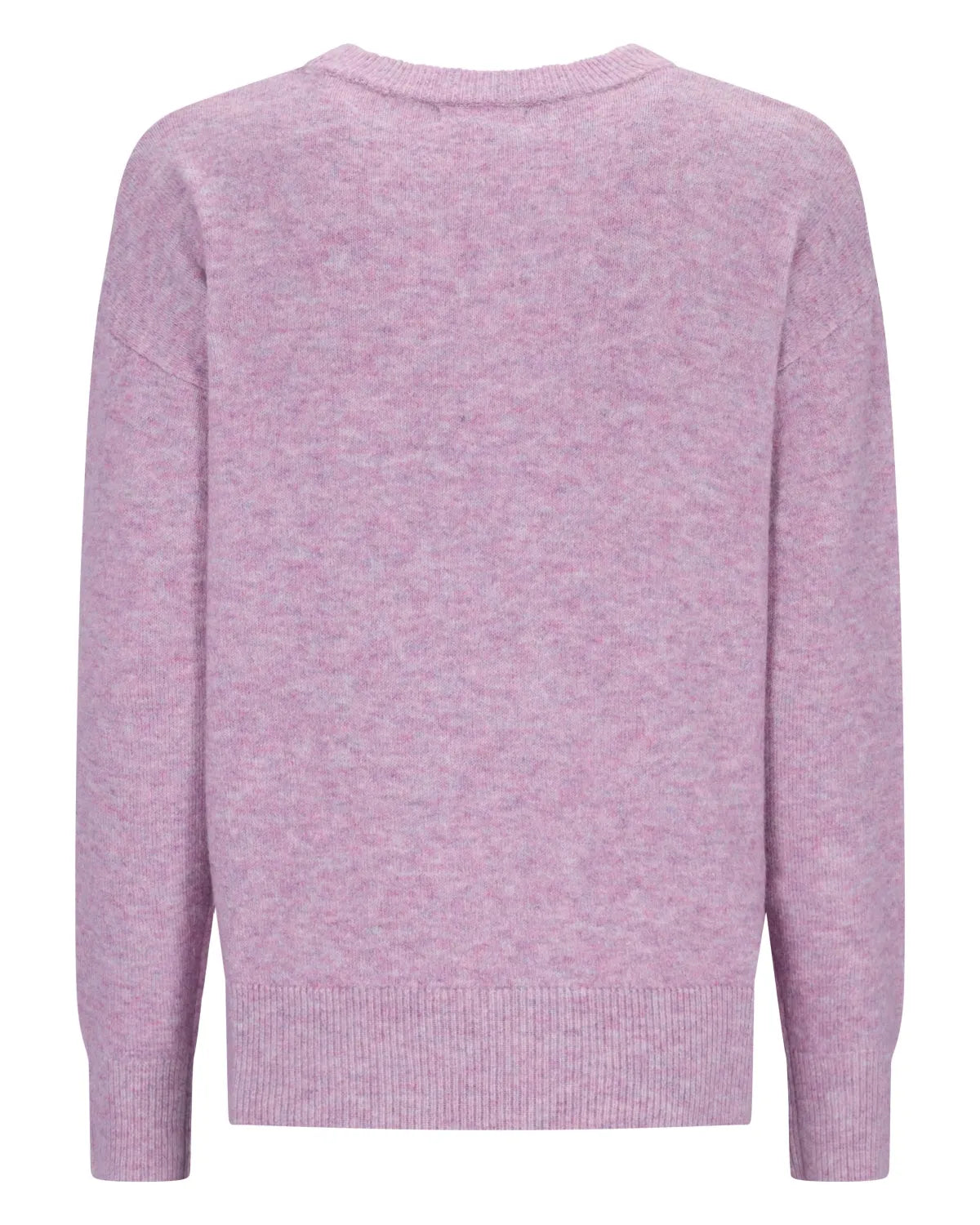 Lavendelfarbener Pullover mit gerippten Bündchen und Saum, wahrscheinlich aus Baumwolle oder Wollmischung.