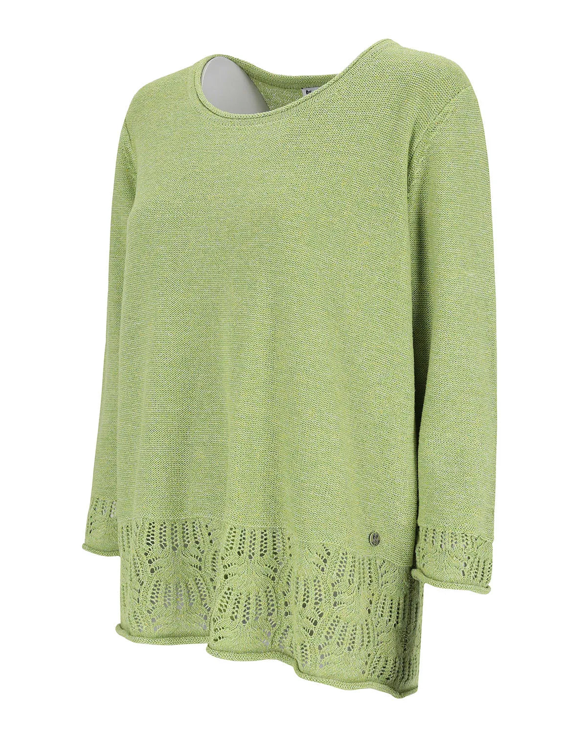 Grüner strukturierter Pullover mit Knopfleiste am Saum, wahrscheinlich aus Baumwolle oder Leinen.