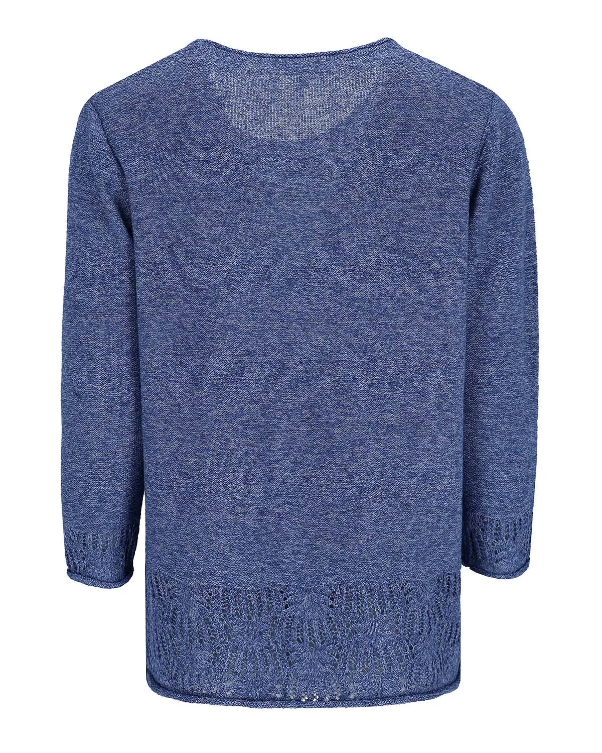 Blauer strukturierter Pullover mit langen Ärmeln und Rundhalsausschnitt.
