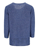 Blauer strukturierter Pullover mit langen Ärmeln und Rundhalsausschnitt.