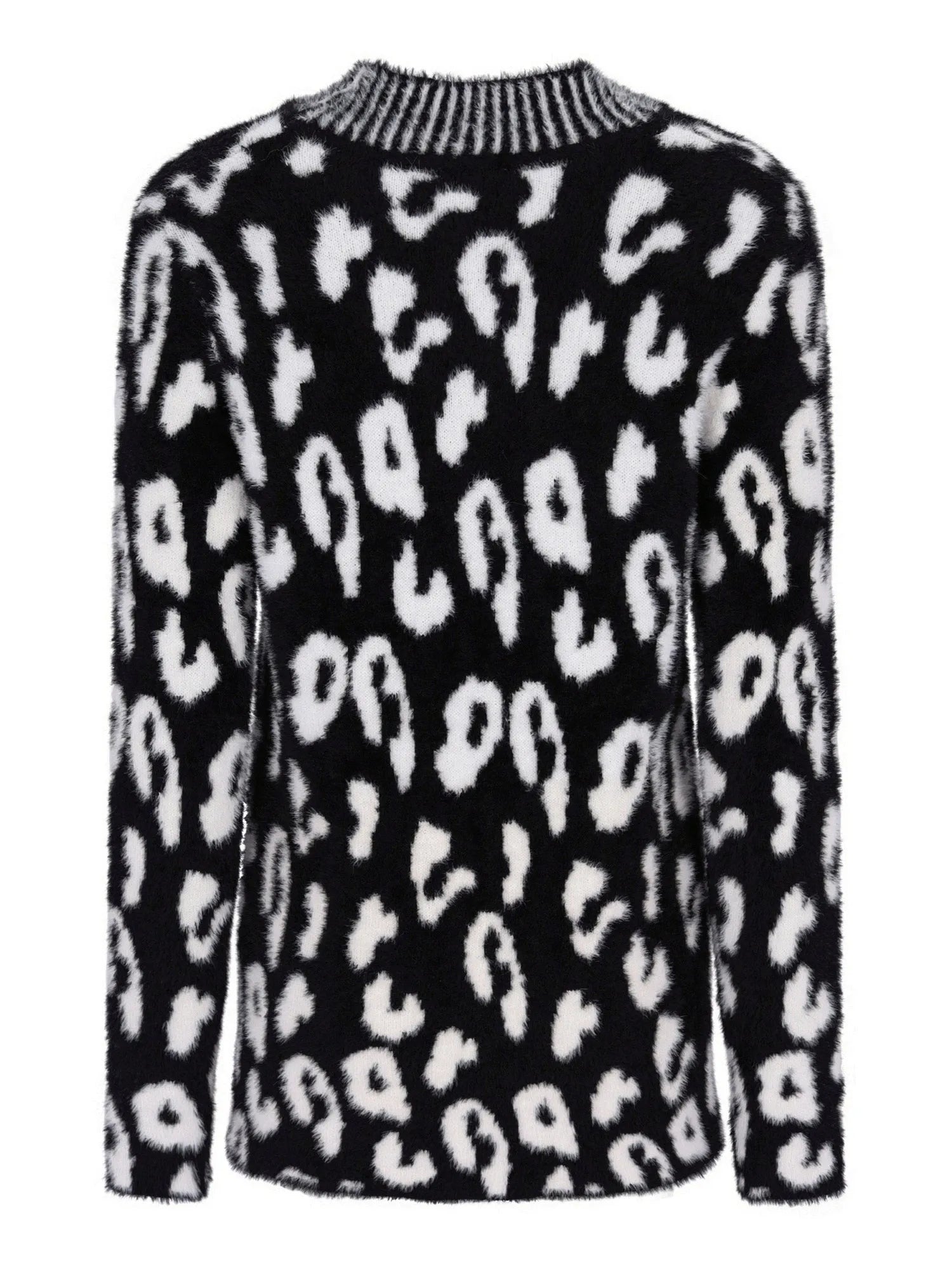 Schwarzer und weißer Leopard-Print-Pullover mit geripptem Ausschnitt und Bündchen.
