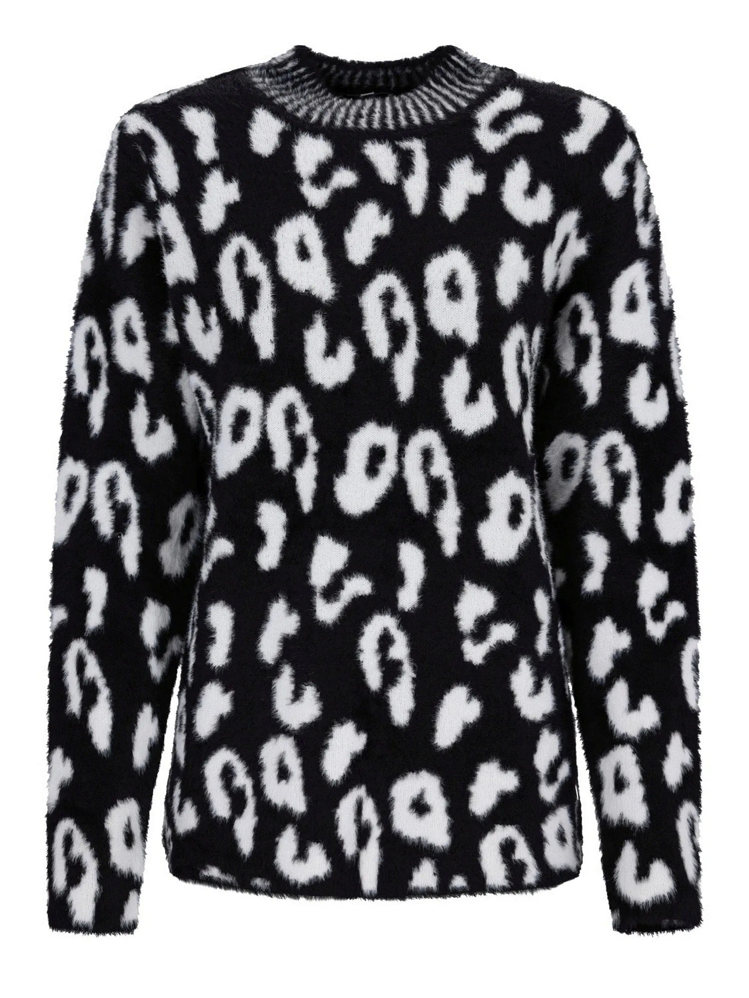 Schwarzer und weißer Leopard-Print-Pullover mit geripptem Ausschnitt.