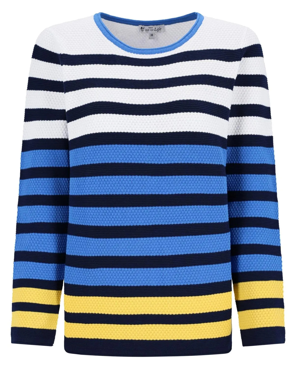 Gestreifter Pullover mit blauen, gelben und weißen Streifen, aus Strickmaterial.