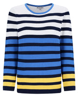 Gestreifter Pullover mit blauen, gelben und weißen Streifen, aus Strickmaterial.