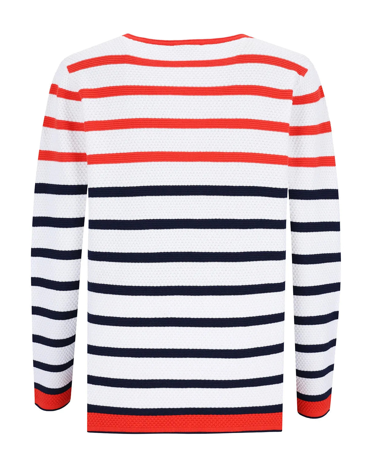 Rot und marineblau gestreifter Pullover mit weißem Hintergrund, langen Ärmeln, gerippten Bündchen und Saum.