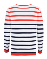 Rot und marineblau gestreifter Pullover mit weißem Hintergrund, langen Ärmeln, gerippten Bündchen und Saum.