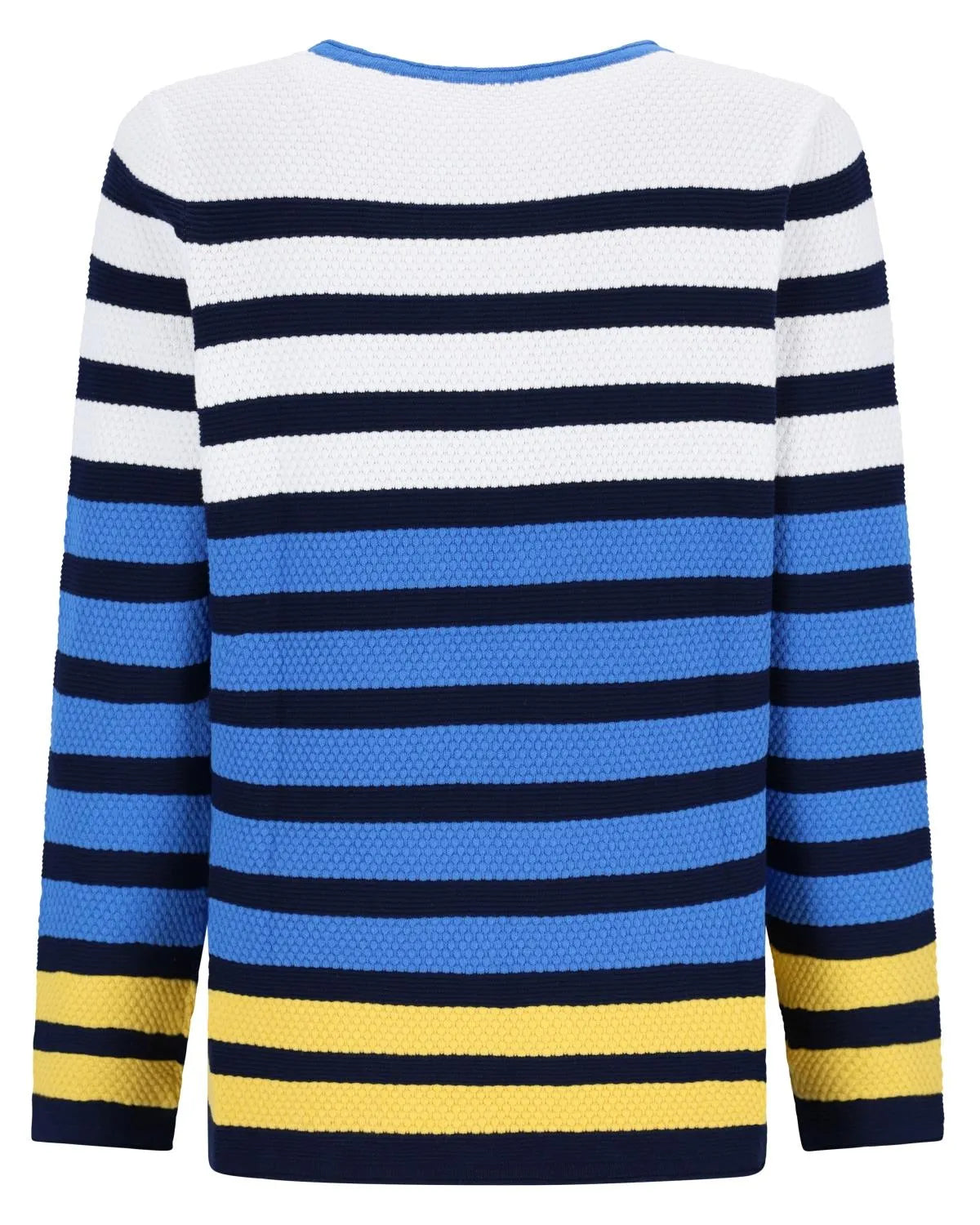 Gestreifter Pullover mit blauen, weißen und gelben Streifen.