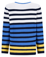 Gestreifter Pullover mit blauen, weißen und gelben Streifen.