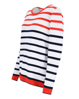 Maritim gestreifter Pullover mit marineblauen, weißen und roten Streifen.