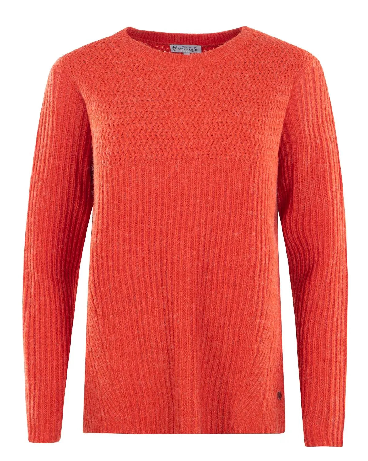 Orangefarbener gerippter Pullover mit Rundhalsausschnitt und langen Ärmeln.