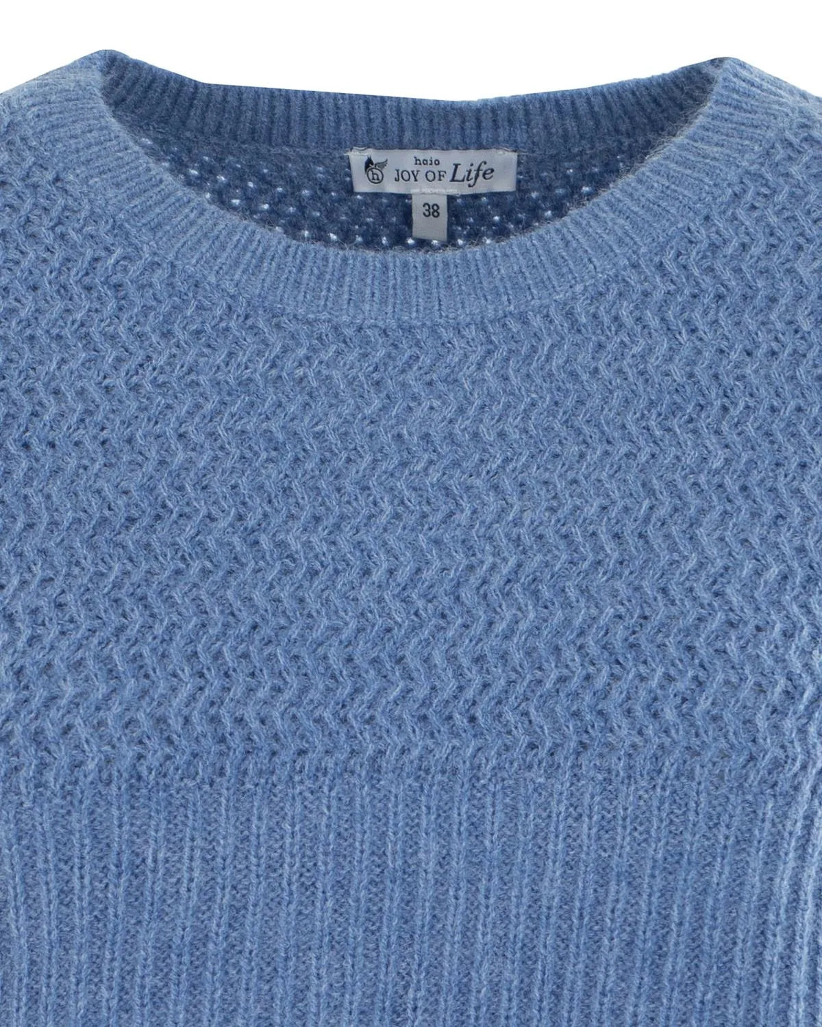 Blauer strukturierter Pullover mit geripptem Halsausschnitt und ’joy of life’-Label.