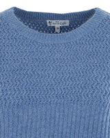 Blauer strukturierter Pullover mit geripptem Halsausschnitt und ’joy of life’-Label.