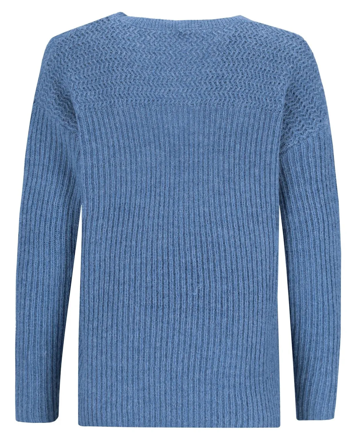 Blauer gerippter Pullover mit Rundhalsausschnitt und langen Ärmeln.