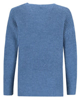 Blauer gerippter Pullover mit Rundhalsausschnitt und langen Ärmeln.