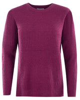 Magentafarbener gerippter Pullover mit Rundhalsausschnitt und langen Ärmeln.