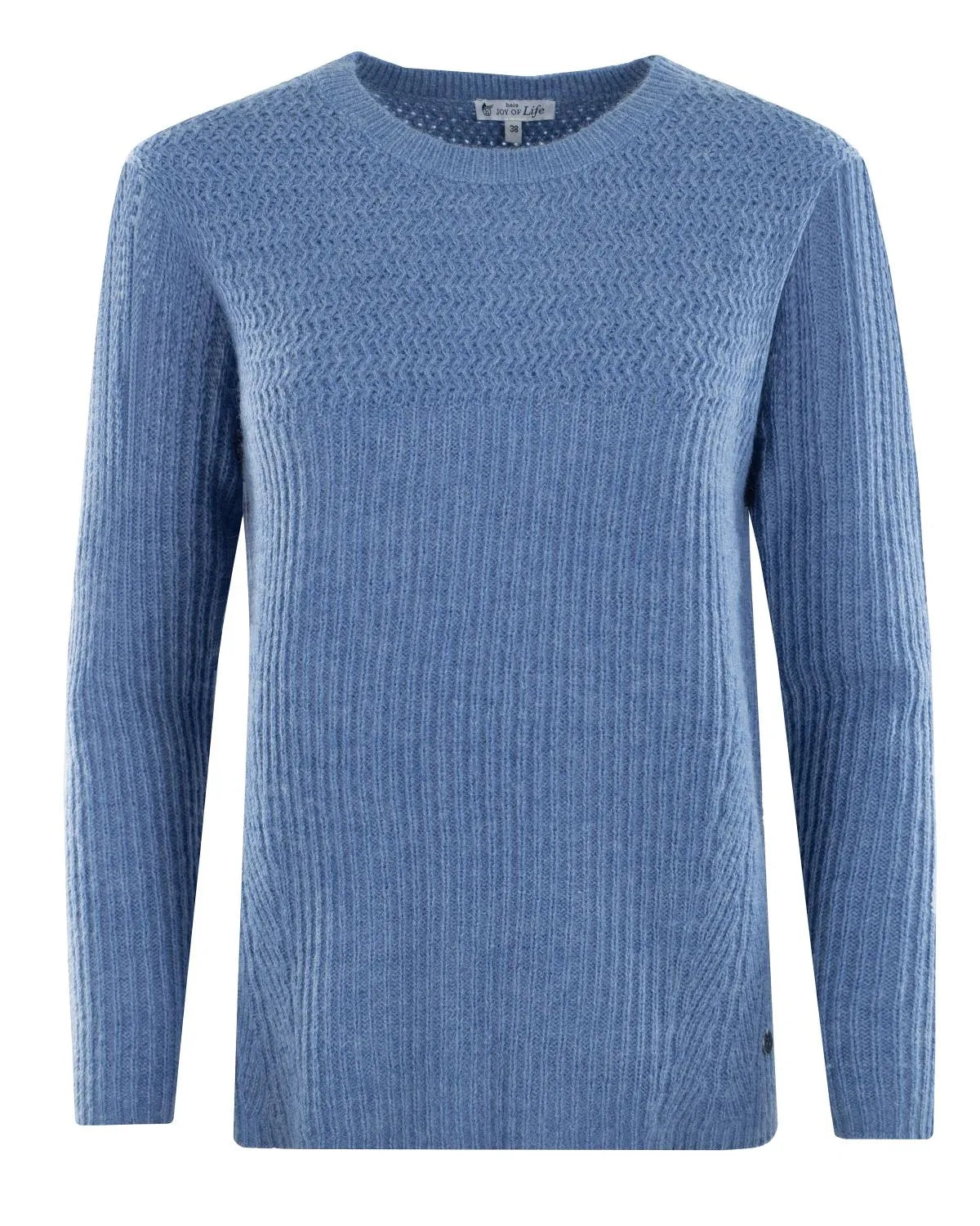 Blauer strukturierter Pullover mit Rippenstrickmuster und Rundhalsausschnitt.