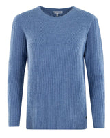 Blauer strukturierter Pullover mit Rippenstrickmuster und Rundhalsausschnitt.