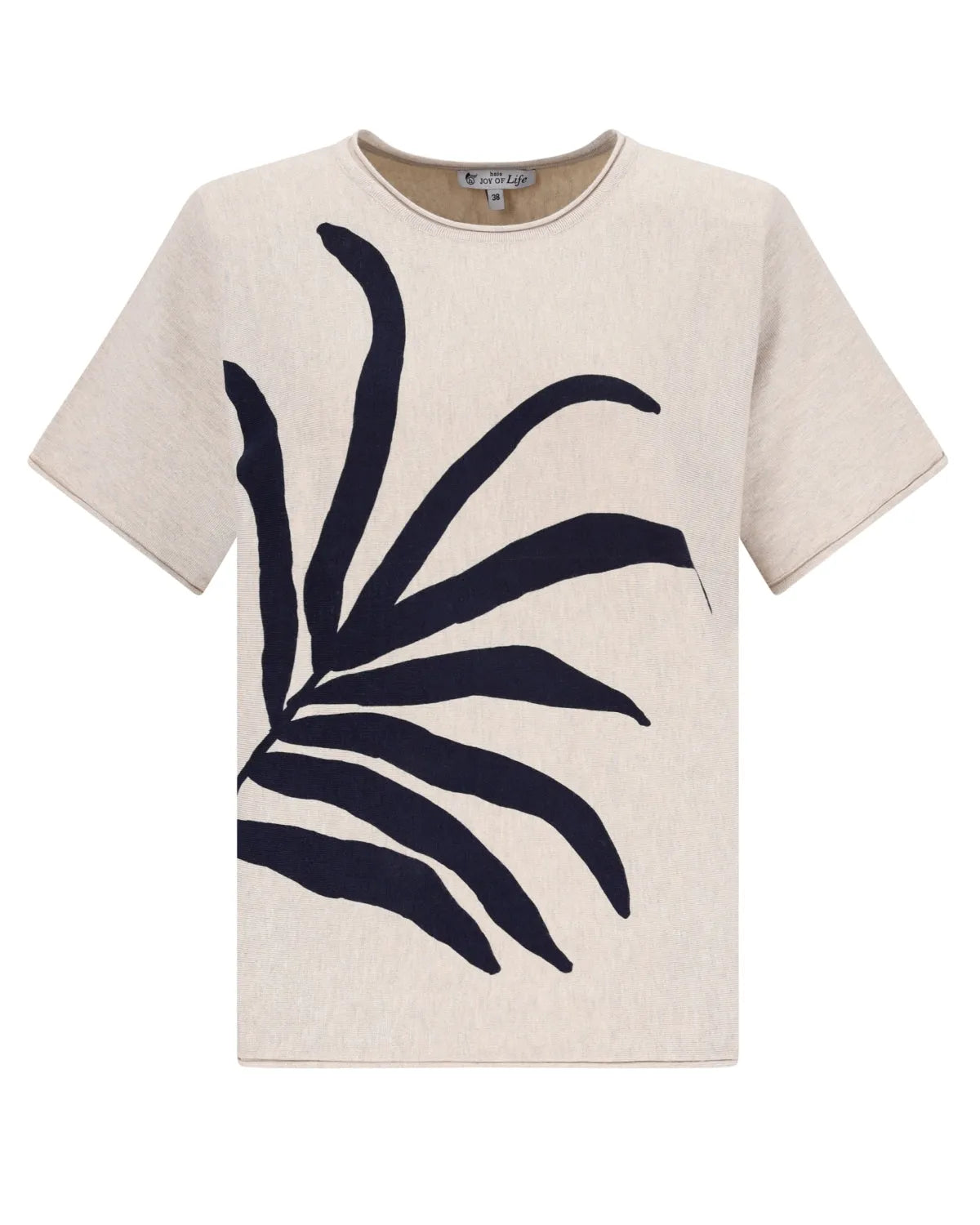 Cremefarbenes T-Shirt mit großem, marineblauem Palmenblattmuster, Freizeitkleidung.